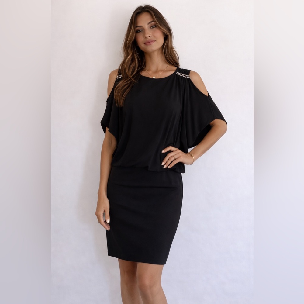 Cache Black Cold Shoulder Cocktail Dress Rhinestone Shoulder Mini Dress